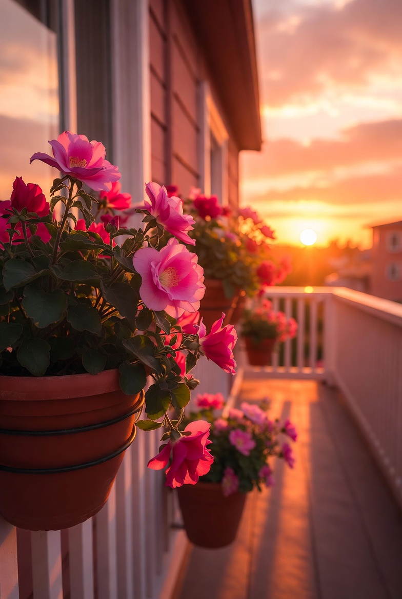Flowers on balcony at sunset Flowers on balcony at sunset