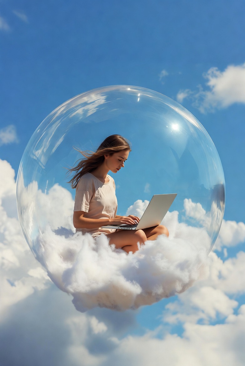 Woman working on laptop in cloud Woman working on laptop in cloud