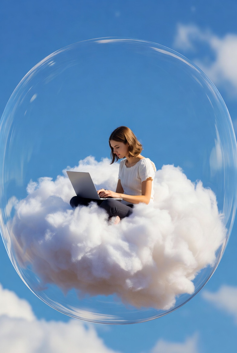 Woman working on laptop in cloud Woman working on laptop in cloud