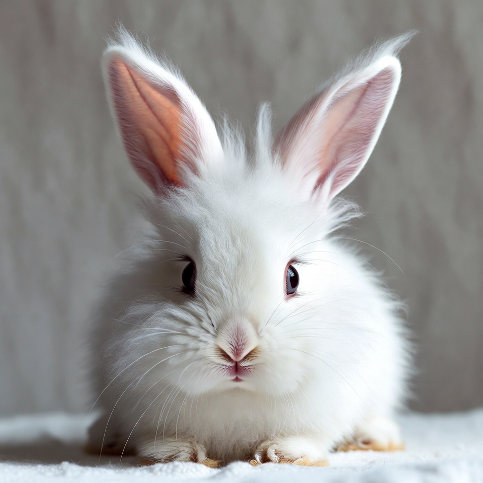 White rabbit with fluffy ears sits still White rabbit with fluffy ears sits still