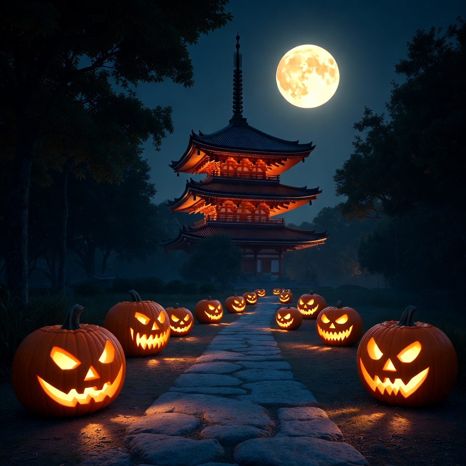 Halloween night at the pagoda with pumpkins Halloween night at the pagoda with pumpkins