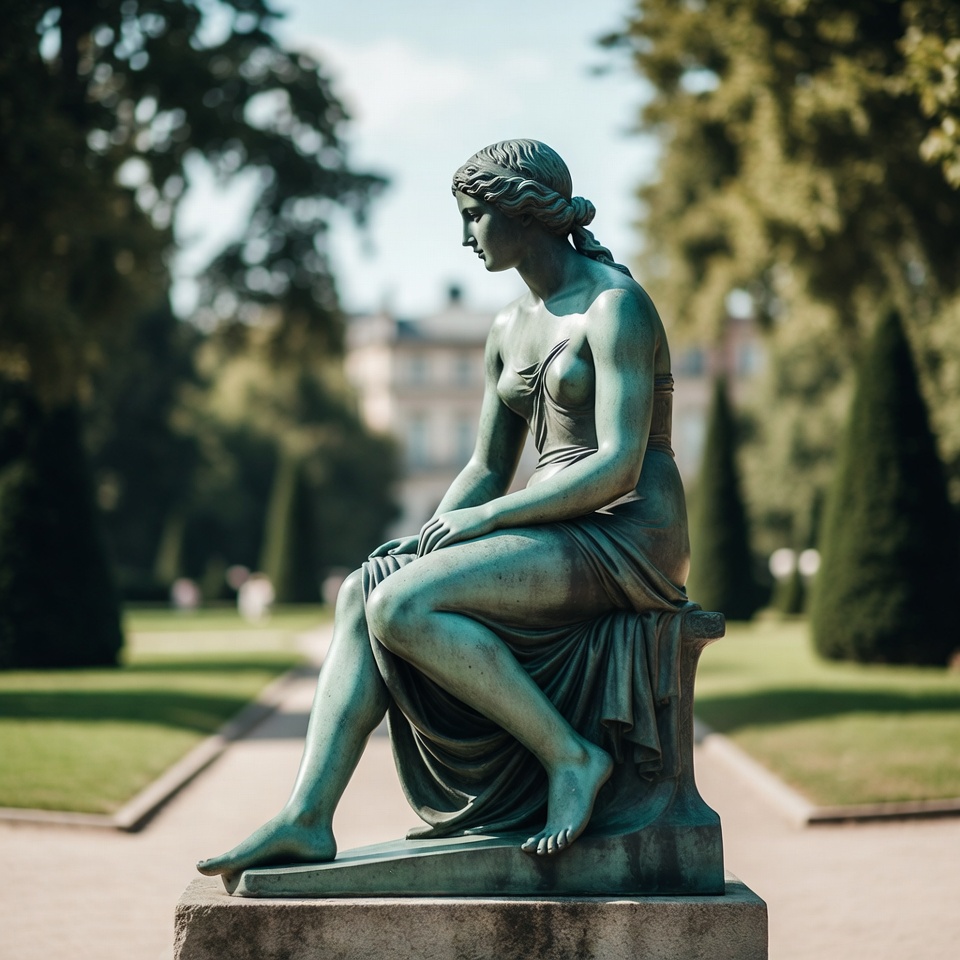 Bronze statue in garden setting Bronze statue in garden setting