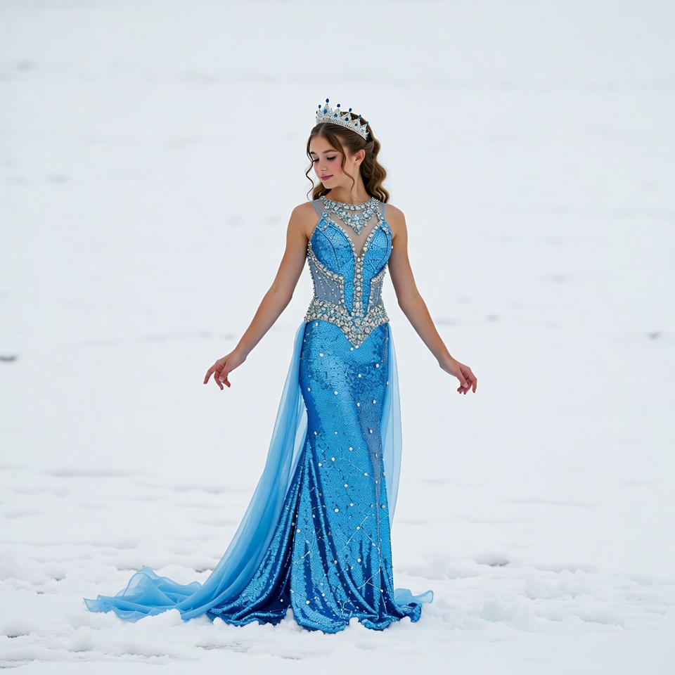 Model in blue gown on snow Model in blue gown on snow