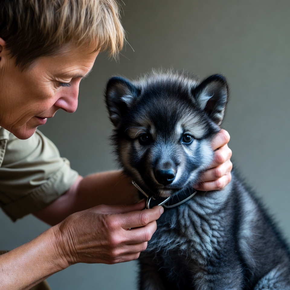 Woman helps puppy with collar Woman helps puppy with collar