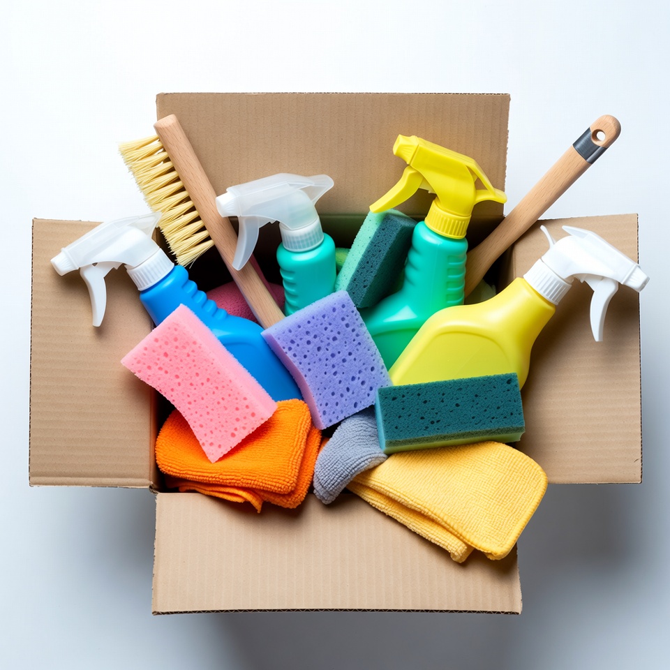 Cleaning supplies in a box Cleaning supplies in a box