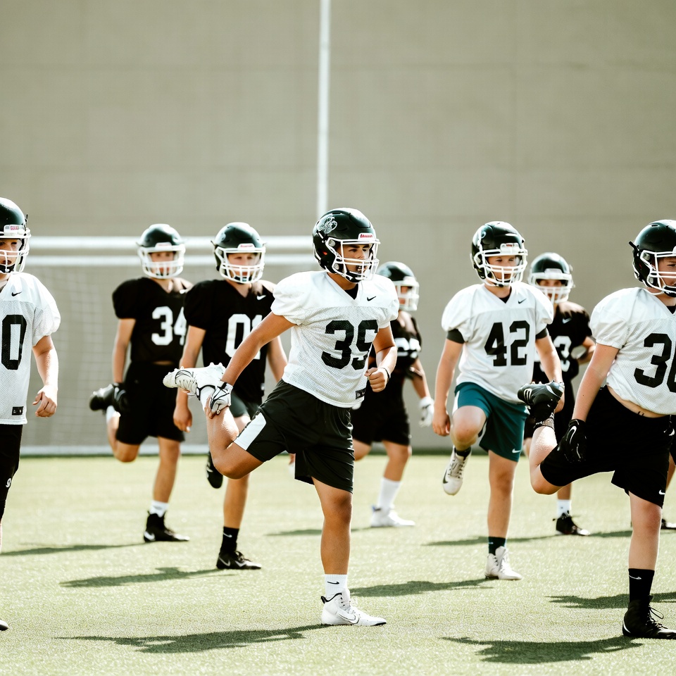 Youth football practice in afternoon sun Youth football practice in afternoon sun