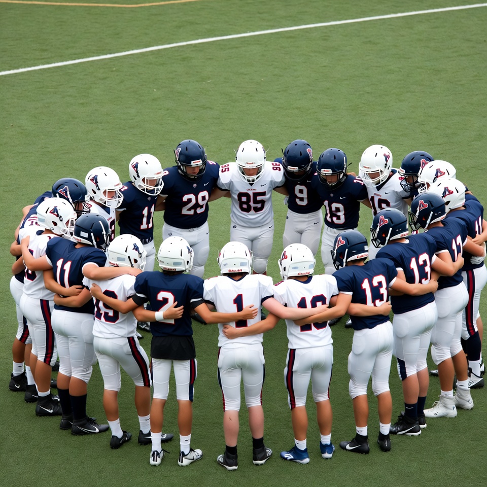 Youth football teams huddle before game Youth football teams huddle before game