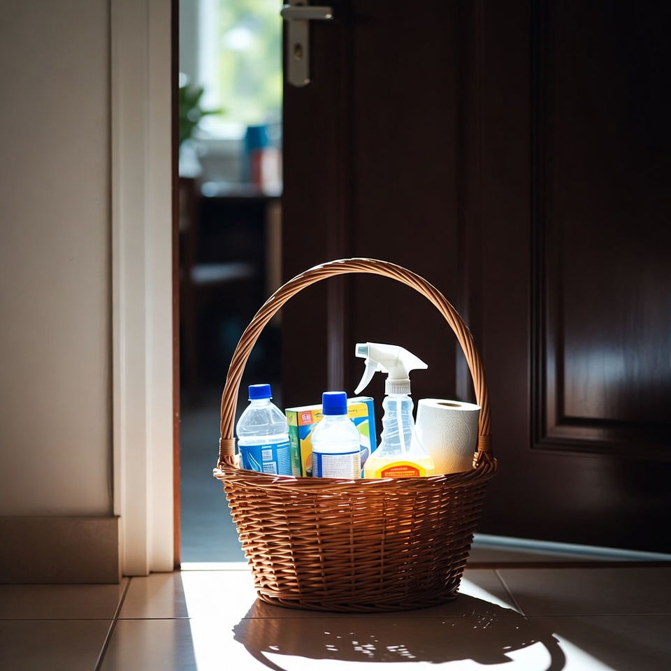 Basket with cleaning supplies near door Basket with cleaning supplies near door