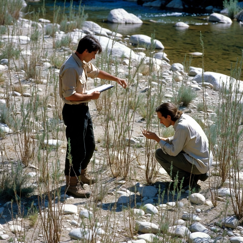 Research activity by a riverbank in sunlight Research activity by a riverbank in sunlight