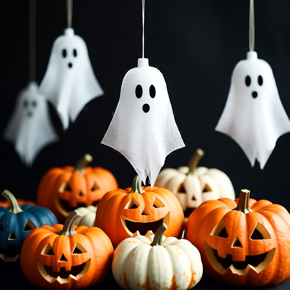 Hanging ghosts and pumpkins for halloween Hanging ghosts and pumpkins for halloween