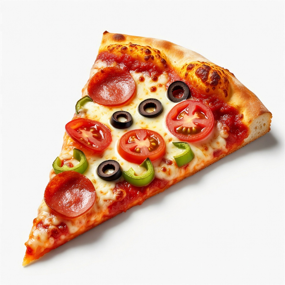 Slice of pizza with toppings on plate Slice of pizza with toppings on plate