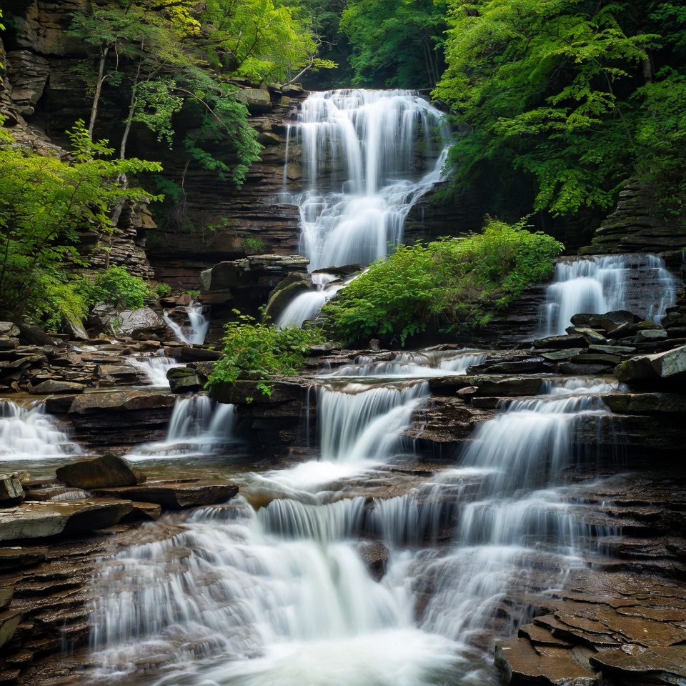 Waterfalls in a forest setting Waterfalls in a forest setting