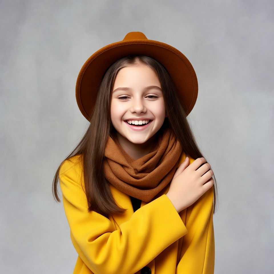 Young girl smiles in stylish outfit Young girl smiles in stylish outfit