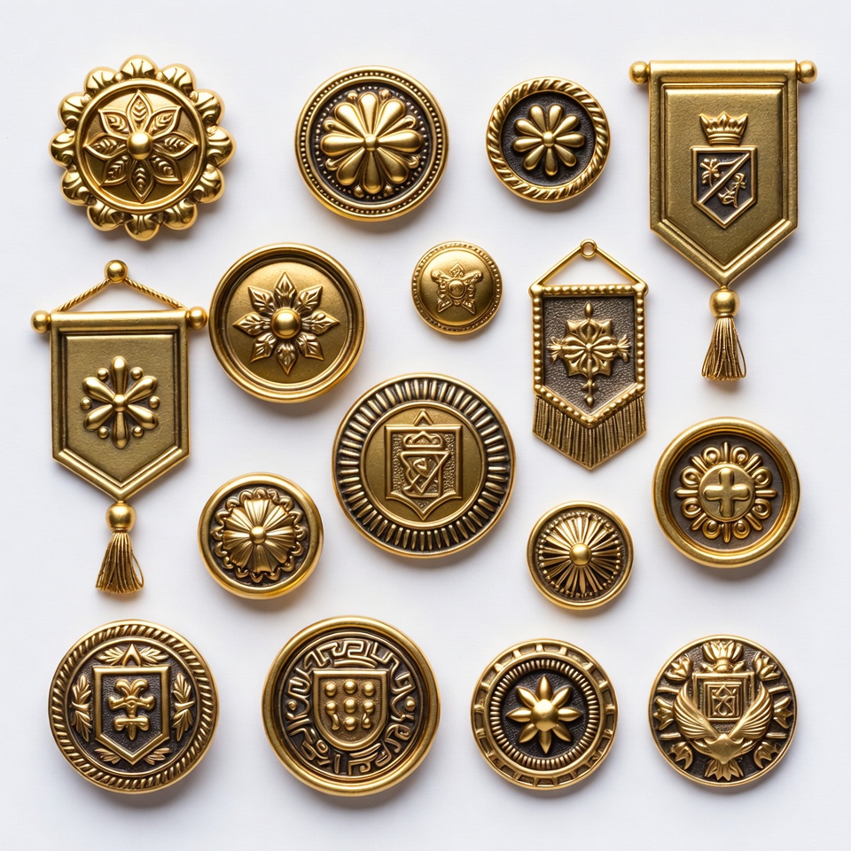 Gold decorative buttons and emblems display Gold decorative buttons and emblems display