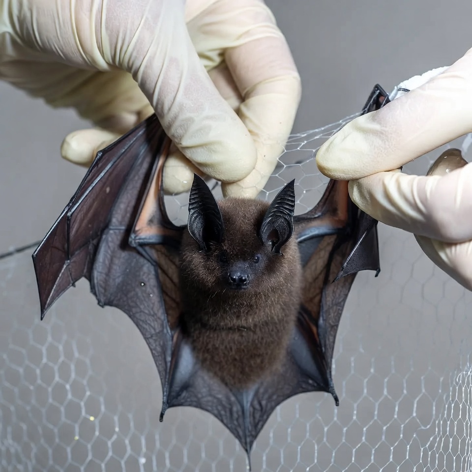 Bat being examined in a lab Bat being examined in a lab