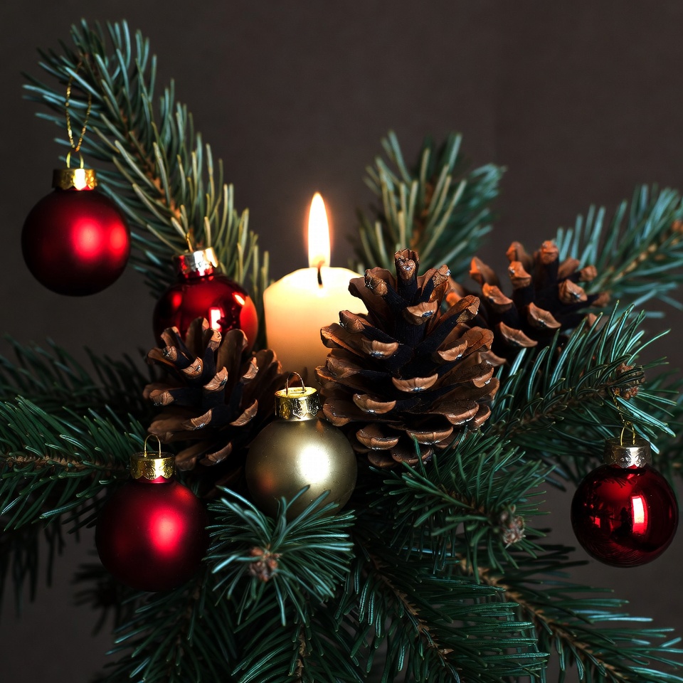 Christmas decoration with candle and ornaments Christmas decoration with candle and ornaments