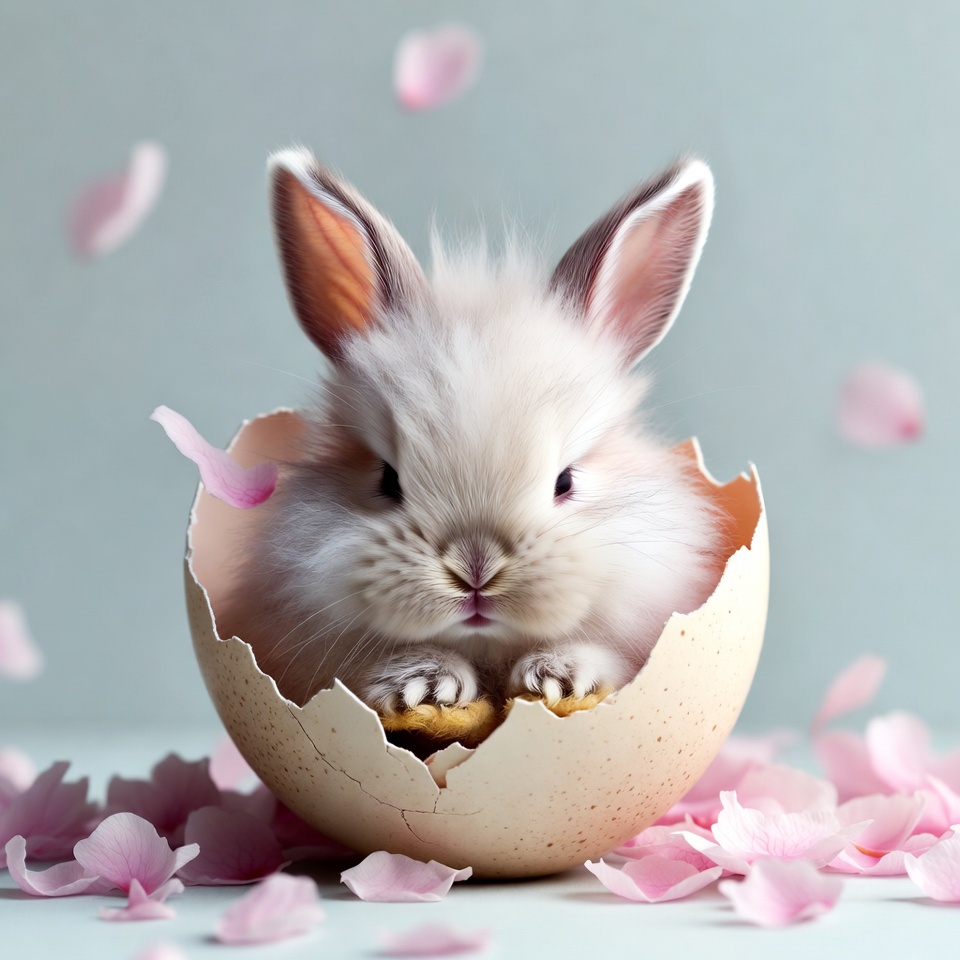 Bunny sitting in an eggshell with petals Bunny sitting in an eggshell with petals