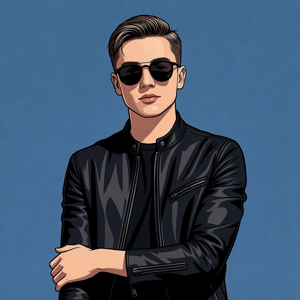 Young man in black jacket with sunglasses Young man in black jacket with sunglasses