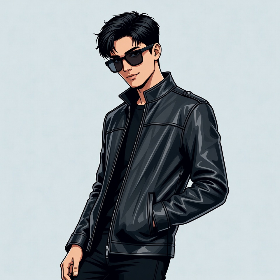 Young man in black jacket with sunglasses Young man in black jacket with sunglasses