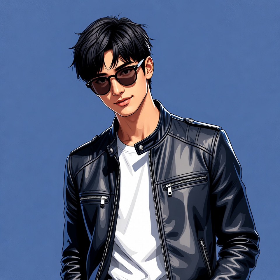 Young man wearing sunglasses and leather jacket Young man wearing sunglasses and leather jacket