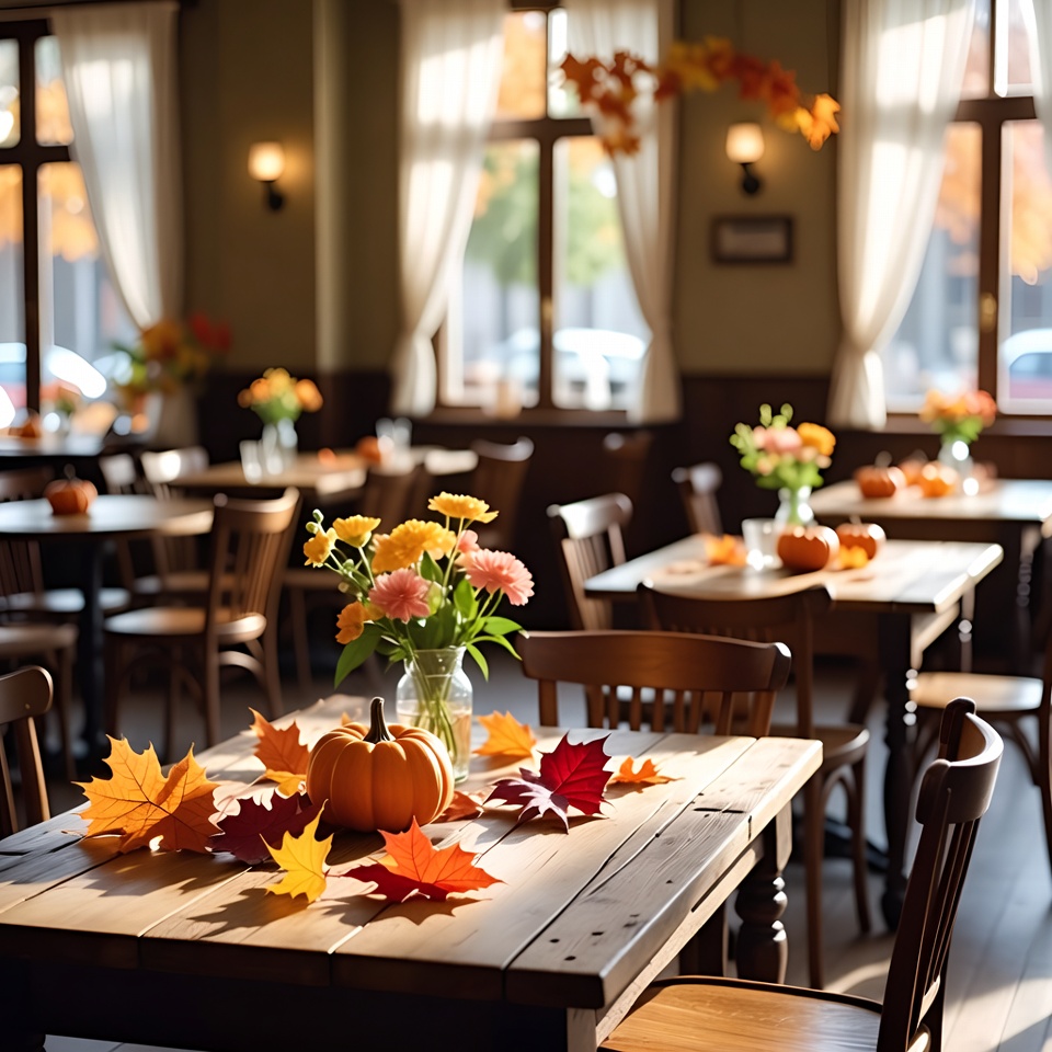 Fall decorations in a restaurant dining area Fall decorations in a restaurant dining area