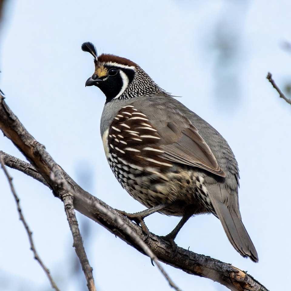 Quail perched on tree branch Quail perched on tree branch