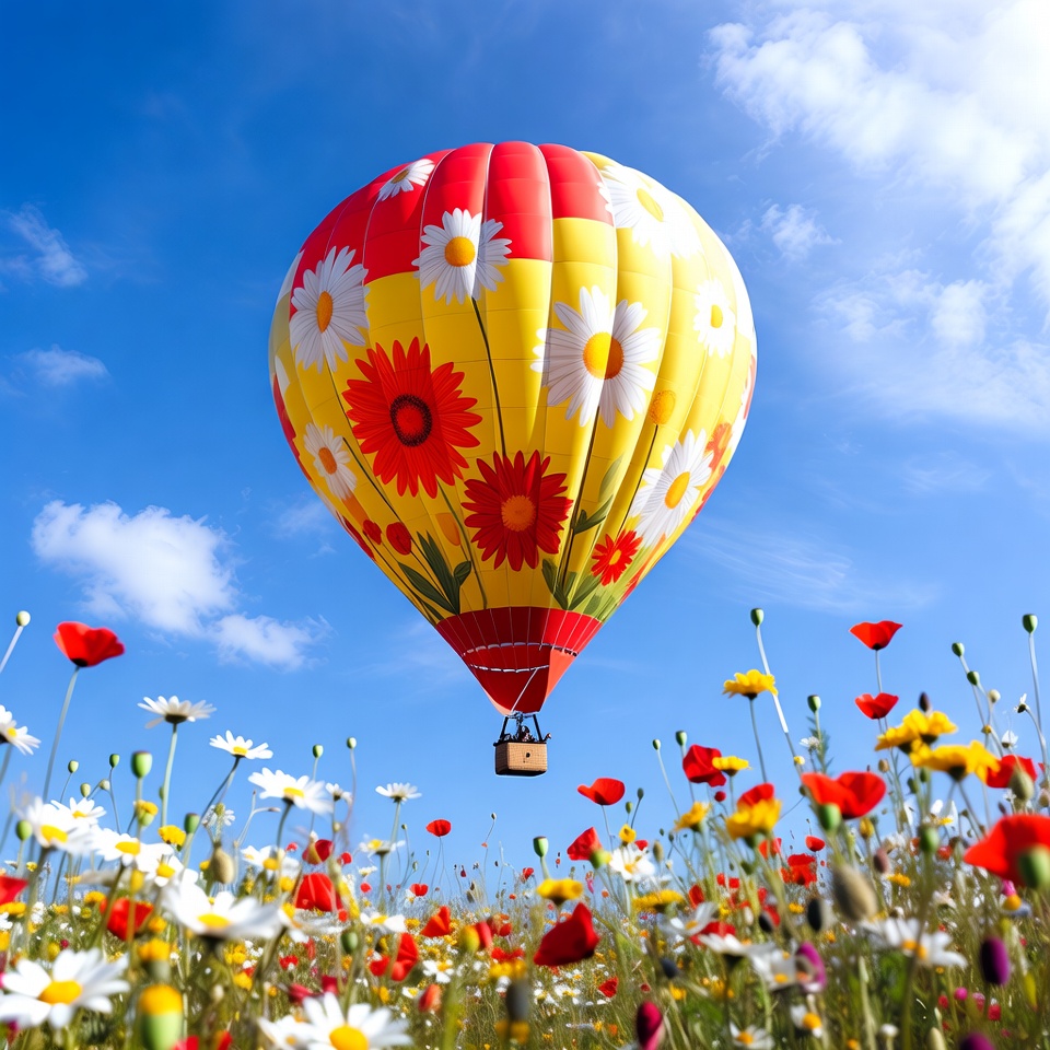 Hot air balloon above flowers in spring Hot air balloon above flowers in spring
