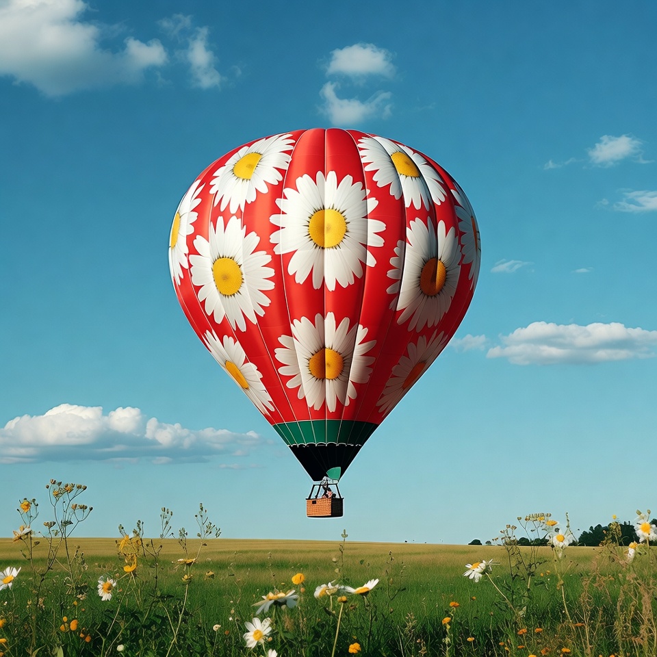 Hot air balloon flying over field Hot air balloon flying over field
