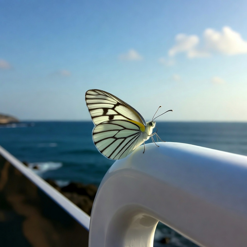 Butterfly on railing by the sea Butterfly on railing by the sea