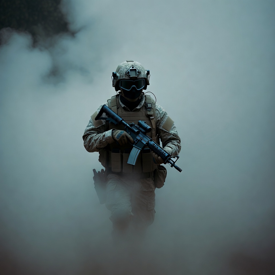 Soldier advances through smoke plume Soldier advances through smoke plume