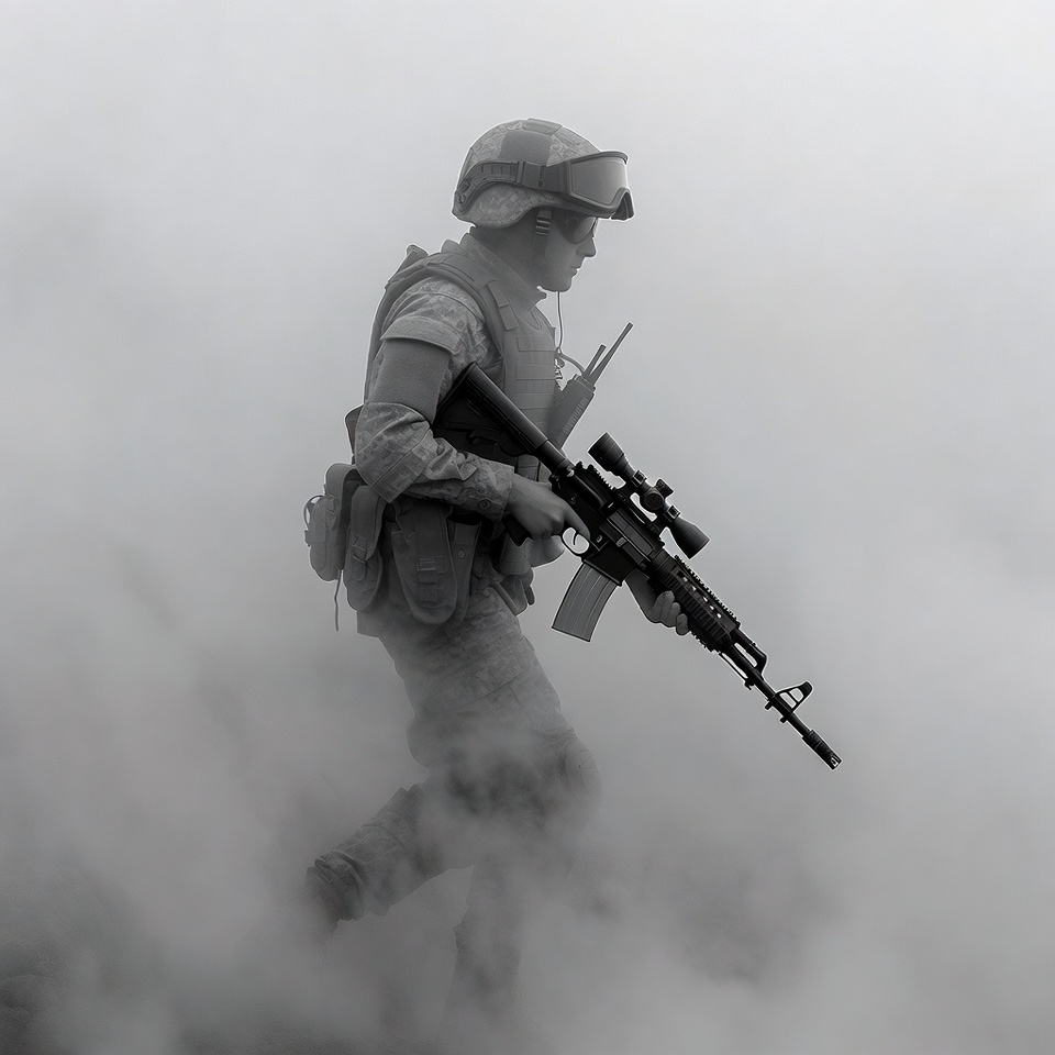 Soldier navigating through smoke Soldier navigating through smoke