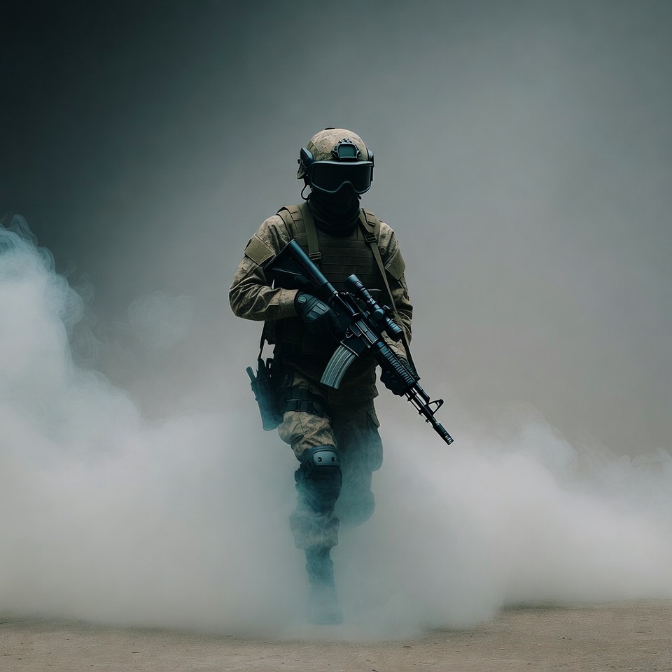 Soldier moves through smoke in combat zone Soldier moves through smoke in combat zone