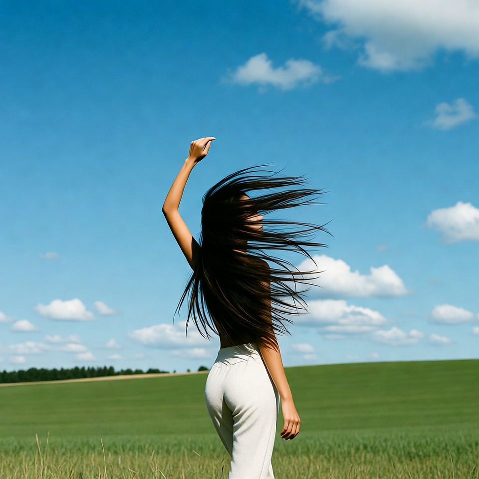 Woman raising arm in field Woman raising arm in field