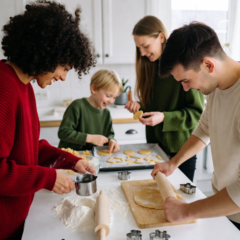 Family baking cookies together in kitchen Family baking cookies together in kitchen