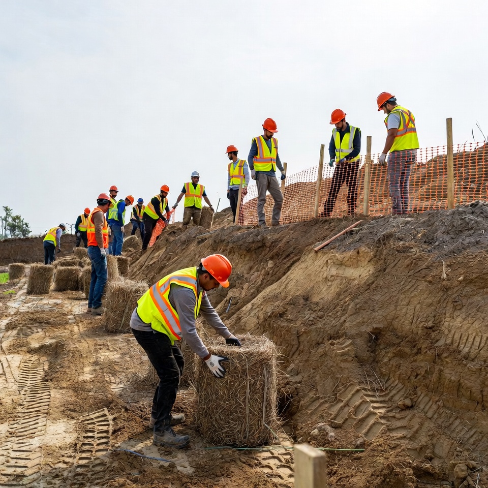 Workers build erosion barrier with straw Workers build erosion barrier with straw