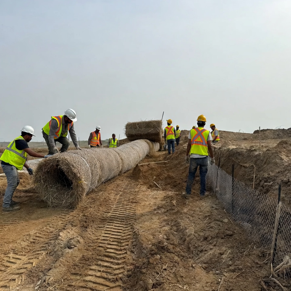 Workers place straw rolls in construction area Workers place straw rolls in construction area