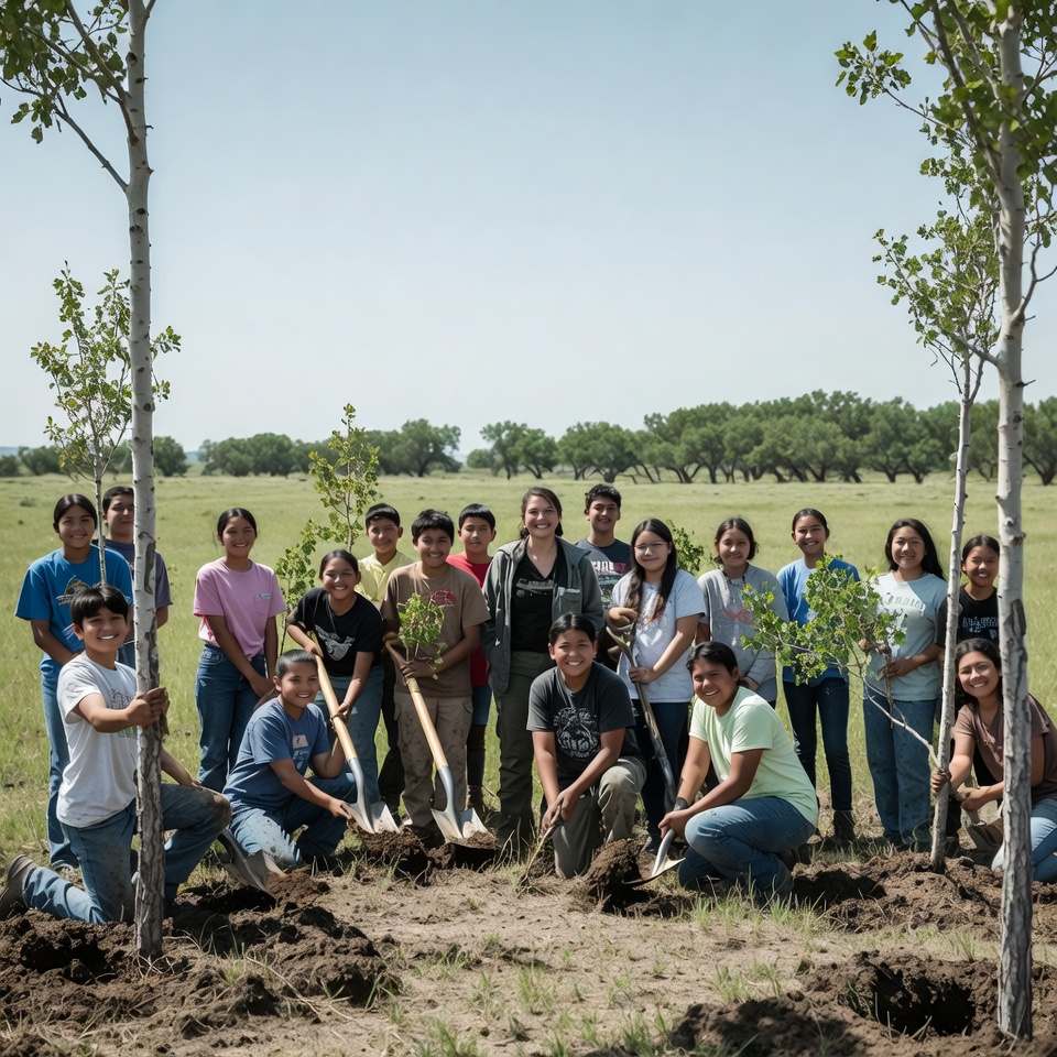 Students plant trees in open field Students plant trees in open field