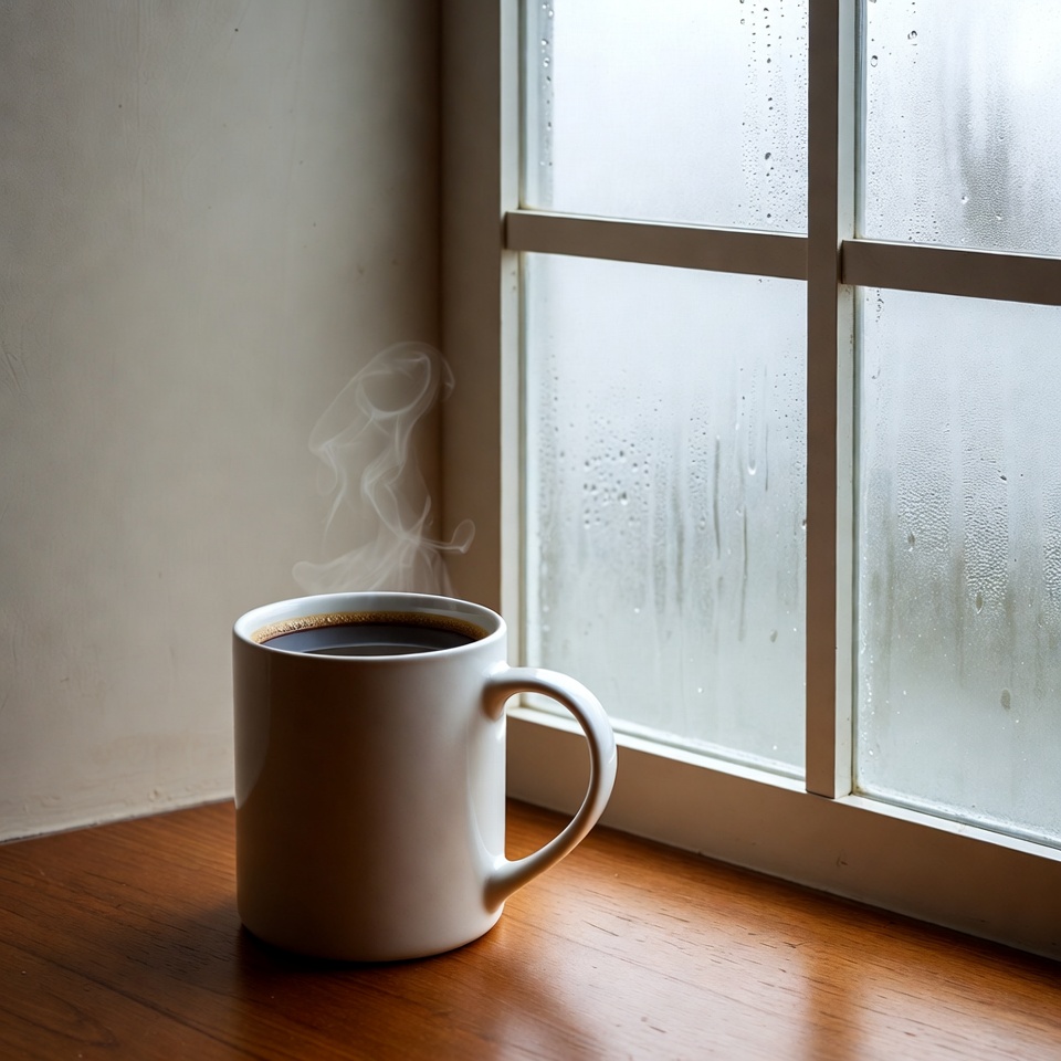 Coffee cup by window with steam Coffee cup by window with steam