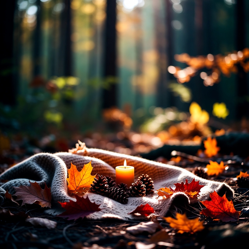 Candle on blanket in autumn forest Candle on blanket in autumn forest
