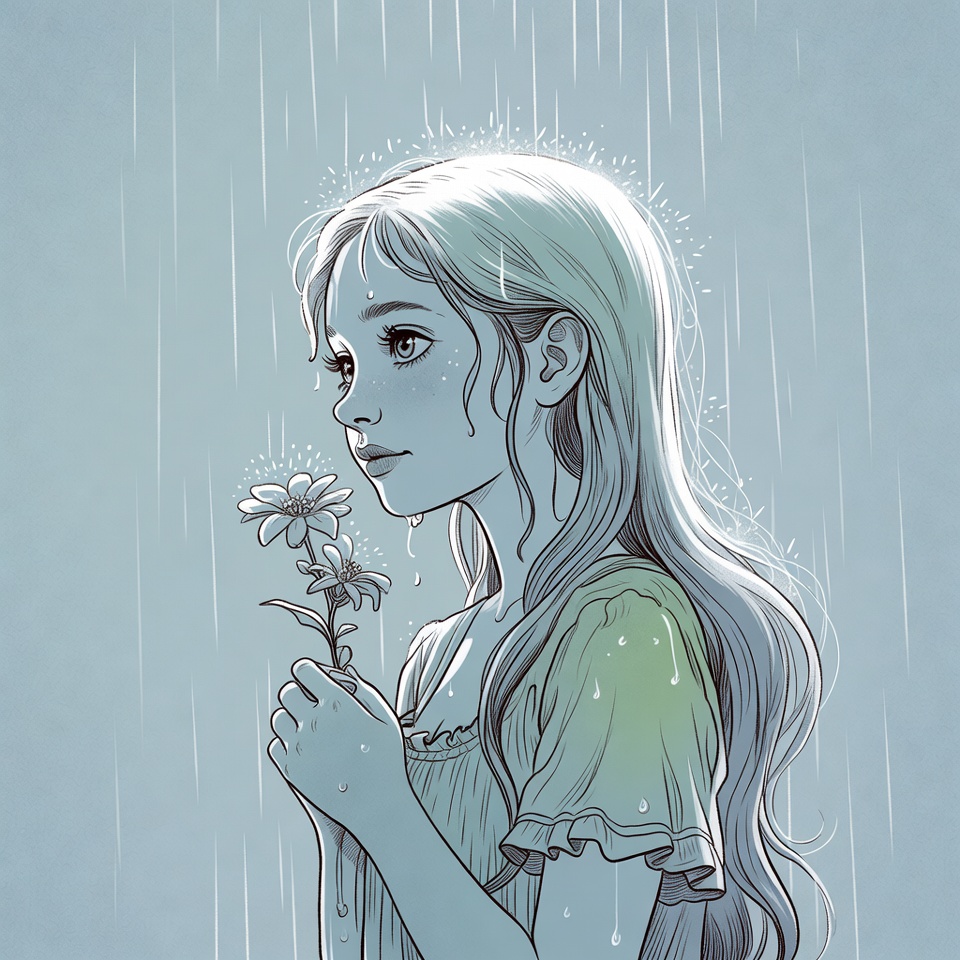 Girl holding flower in rain Girl holding flower in rain