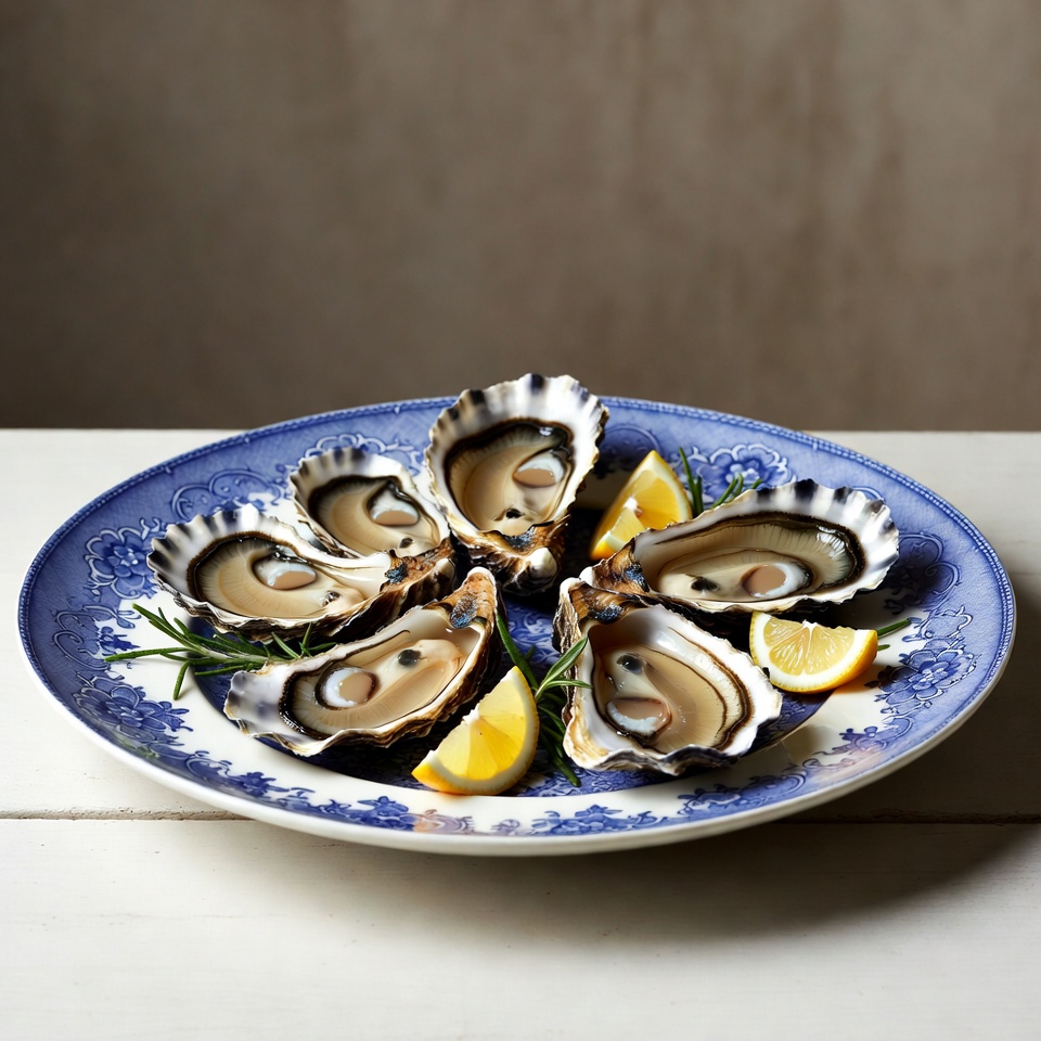 Oysters on a blue plate with lemon Oysters on a blue plate with lemon