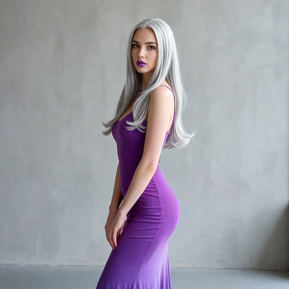 Model poses in purple dress indoors Model poses in purple dress indoors