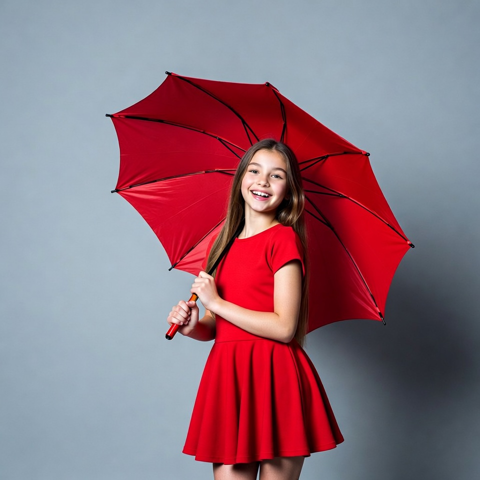 Girl with red umbrella indoors Girl with red umbrella indoors