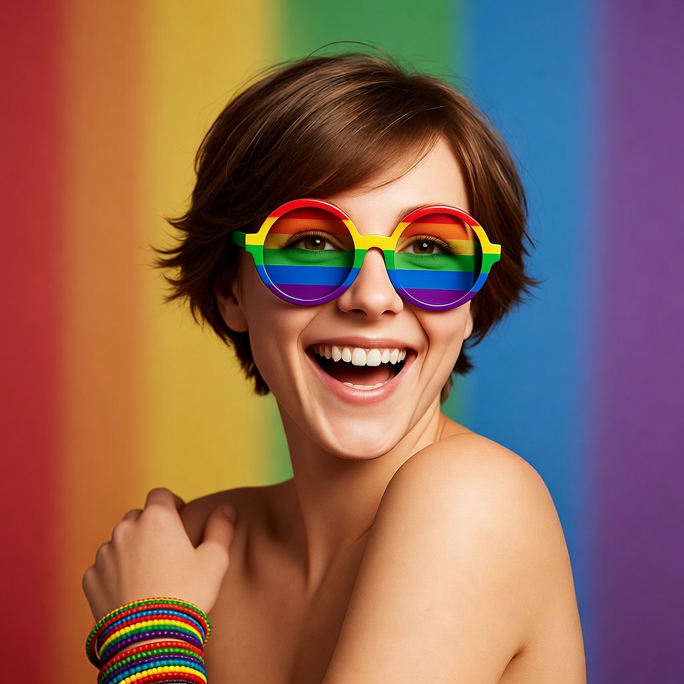 Woman with rainbow glasses smiles Woman with rainbow glasses smiles