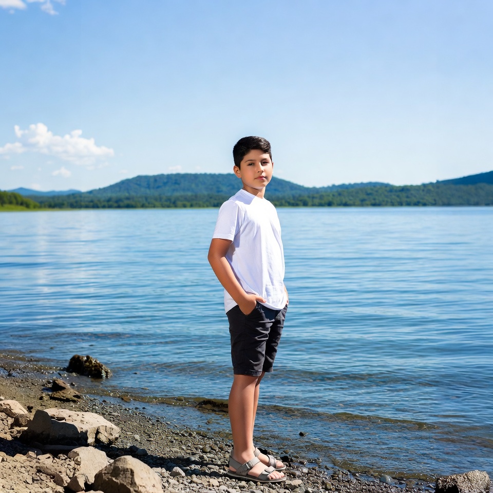 Boy standing by the lake Boy standing by the lake