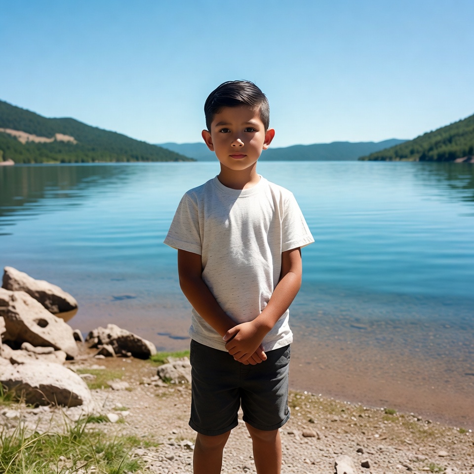Boy stands by the lake shore Boy stands by the lake shore