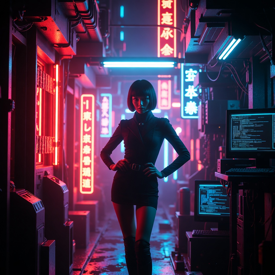 Woman in neon-lit alleyway at night Woman in neon-lit alleyway at night