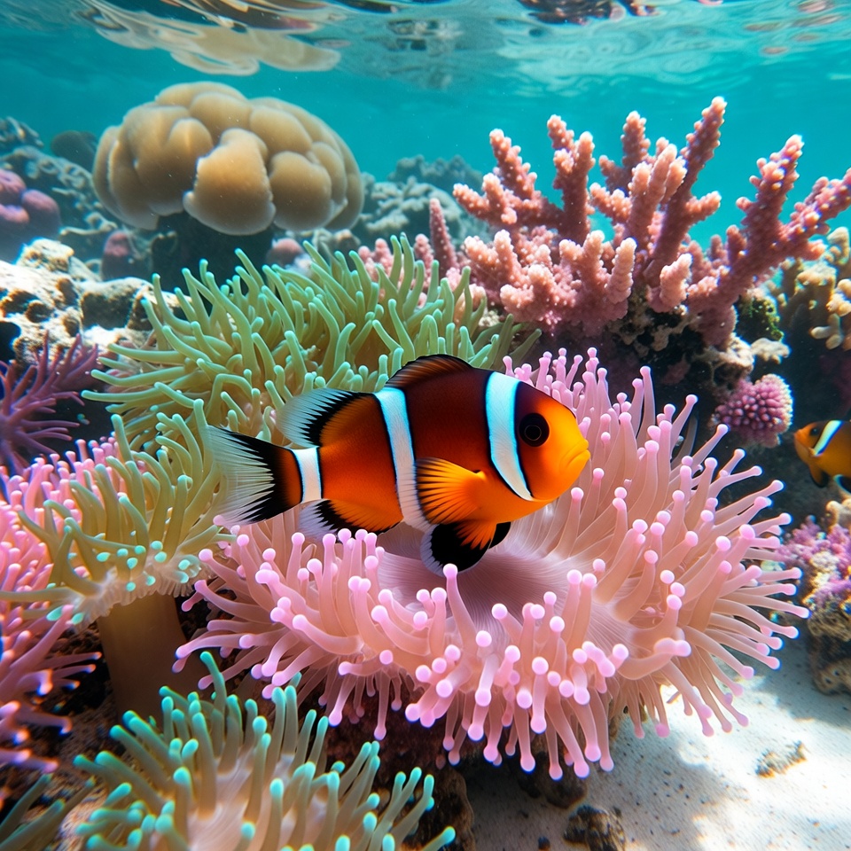Clownfish swimming in coral reef Clownfish swimming in coral reef