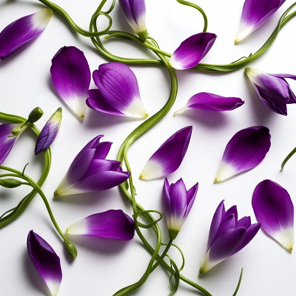 Purple petals and green vines on surface Purple petals and green vines on surface