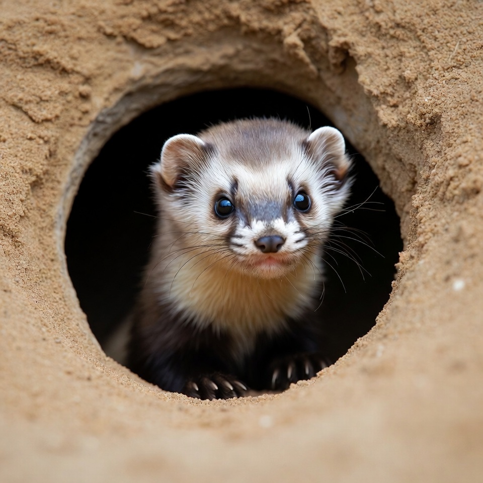 Ferret peeking from sandy burrow Ferret peeking from sandy burrow